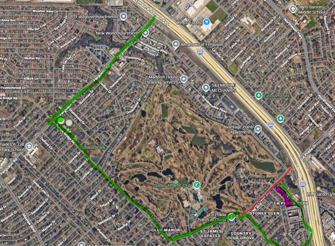 Map showing detour route in green and closed road section in red near the community and surrounding streets.